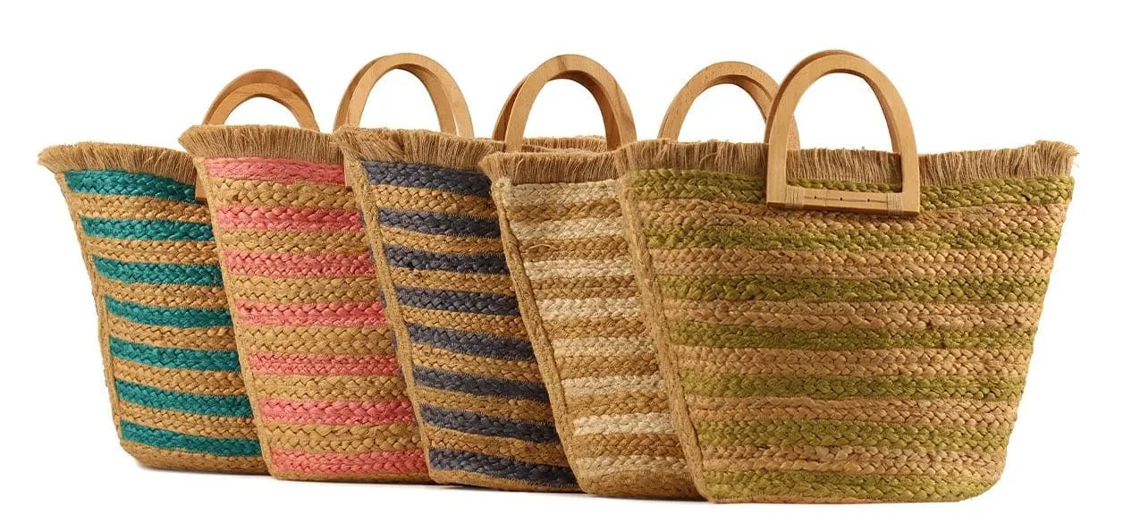 BGA-IN51 Straw Braided Striped Colored Tote Bag