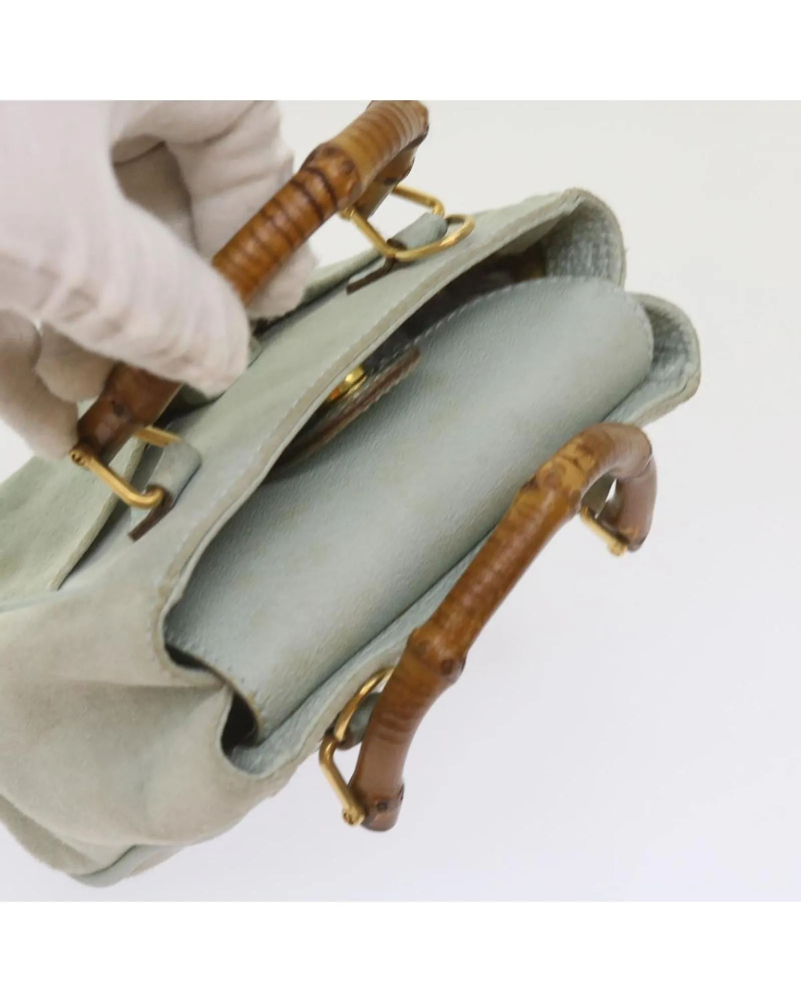 Blue Suede 2way Handbag with Bamboo Handle