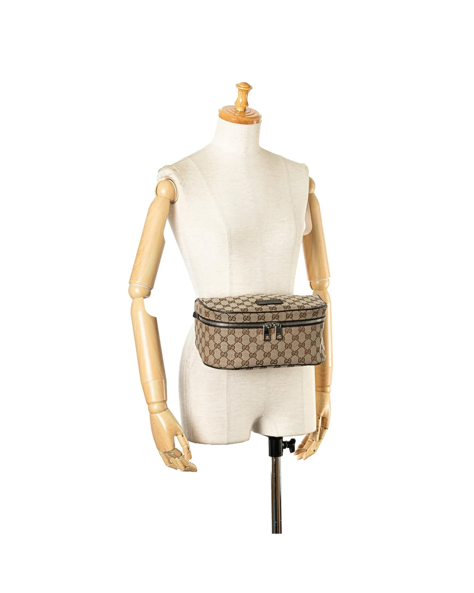 Canvas Waist Pouch with Leather Trim and Multiple Pockets