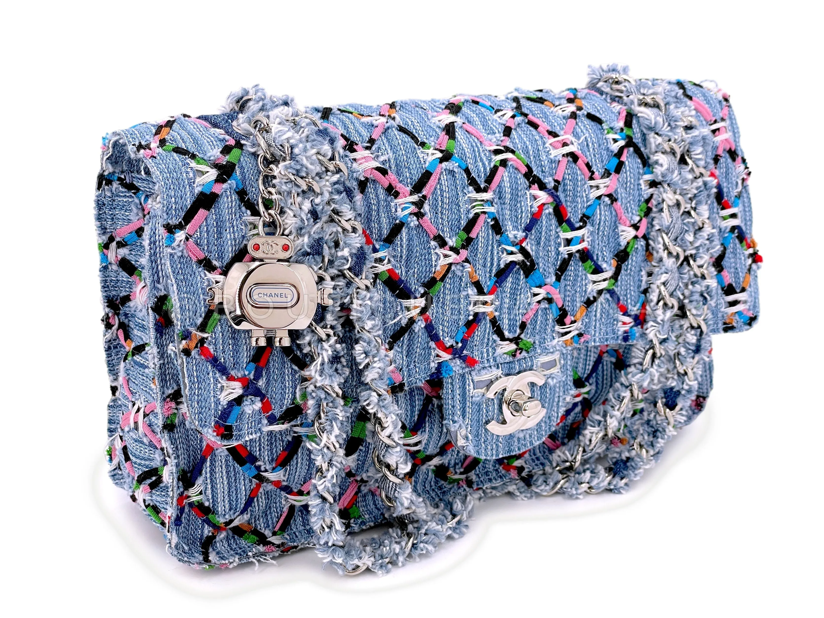 Chanel 17S Denim Rainbow Stitched Robot Charm Medium Flap Bag