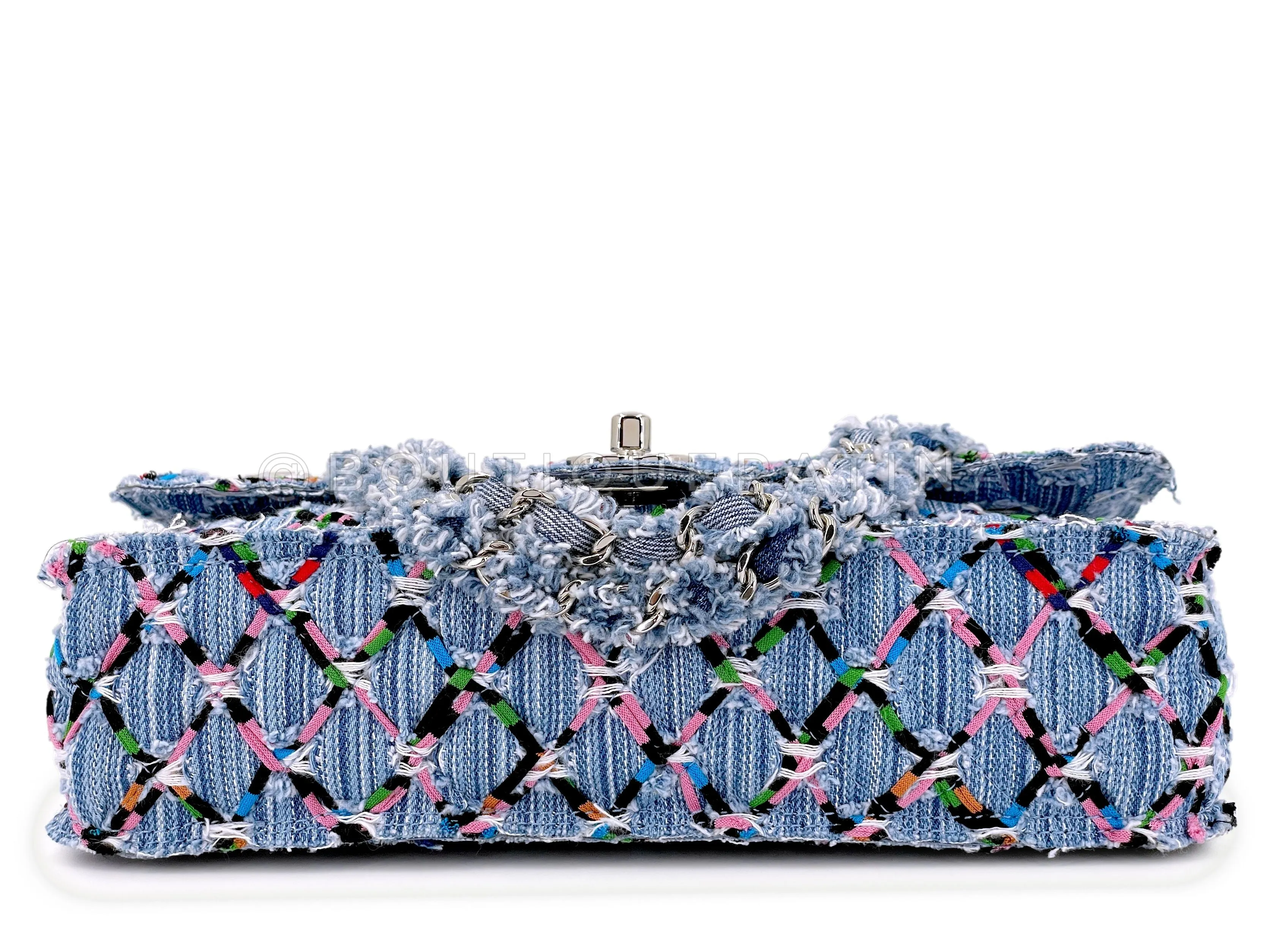 Chanel 17S Denim Rainbow Stitched Robot Charm Medium Flap Bag