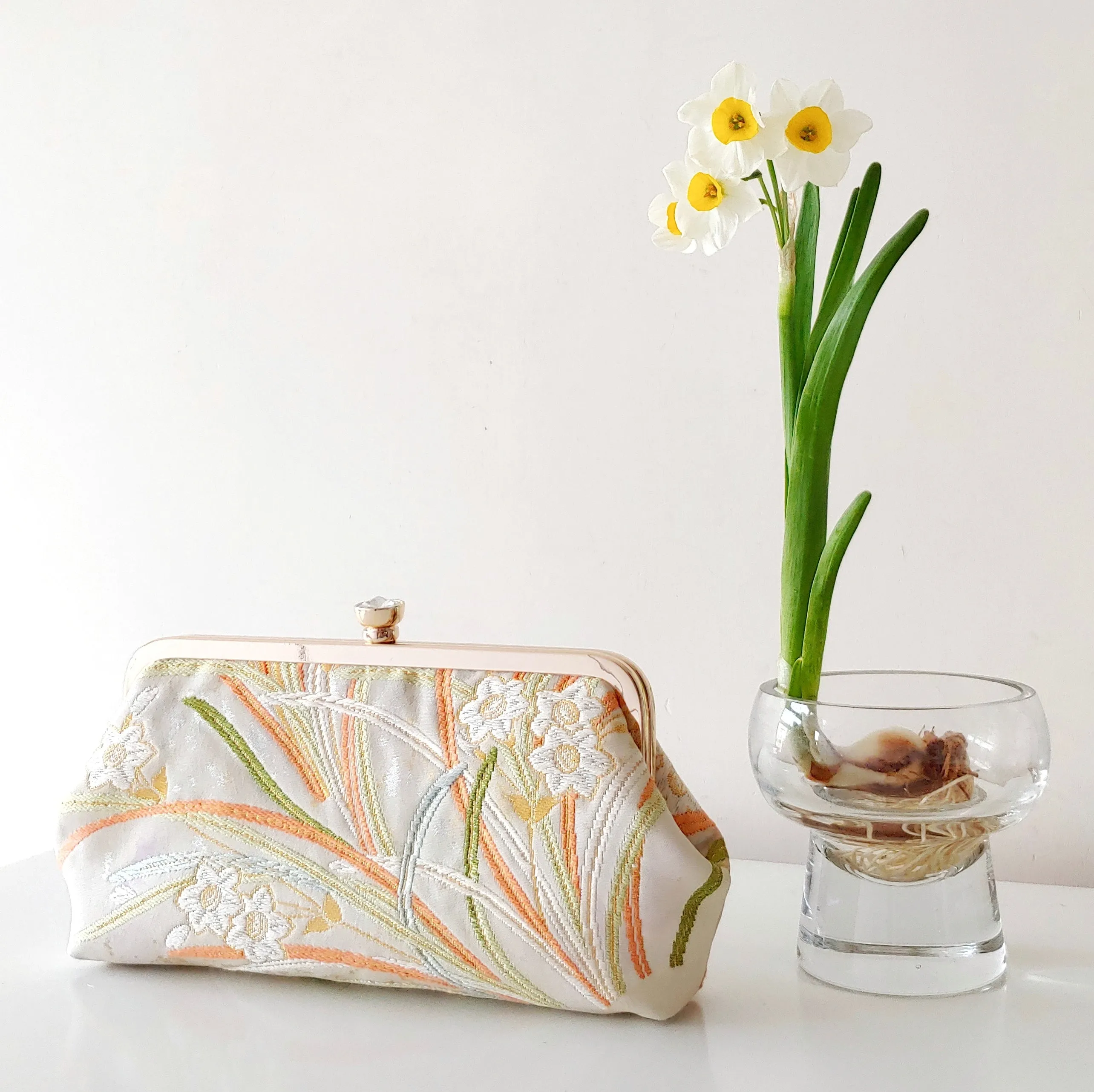 Daffodils / narcissisus Kimono Clutch | Upcycled from vintage Japanese Obi