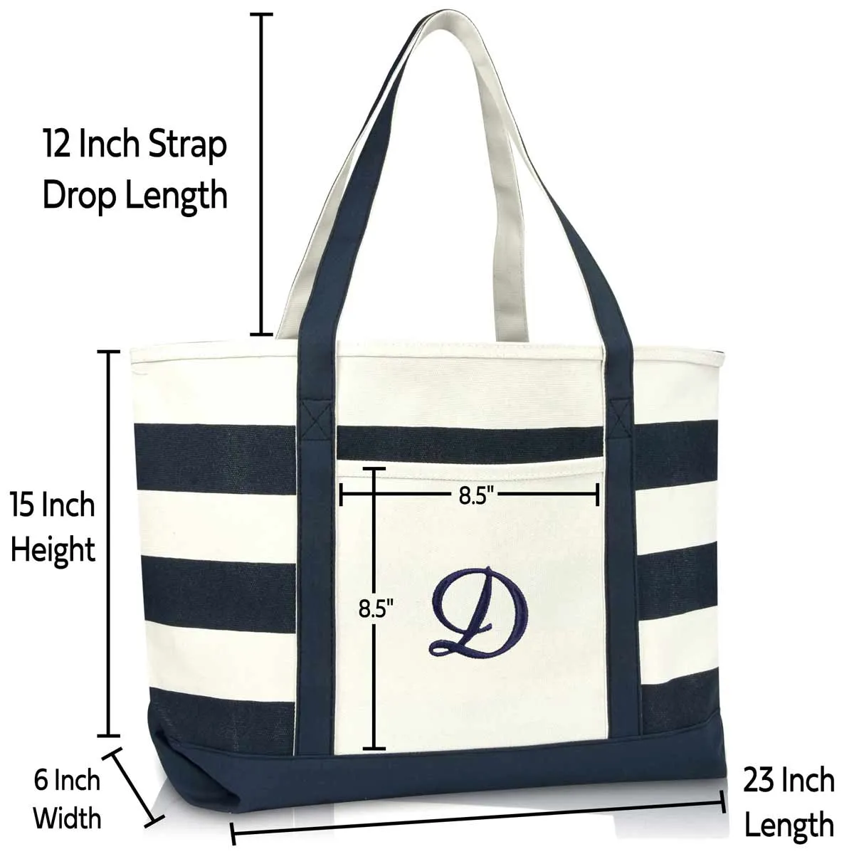 Dalix Premium Beach Bags Striped Navy Blue Zippered Tote Bag Monogrammed A-Z