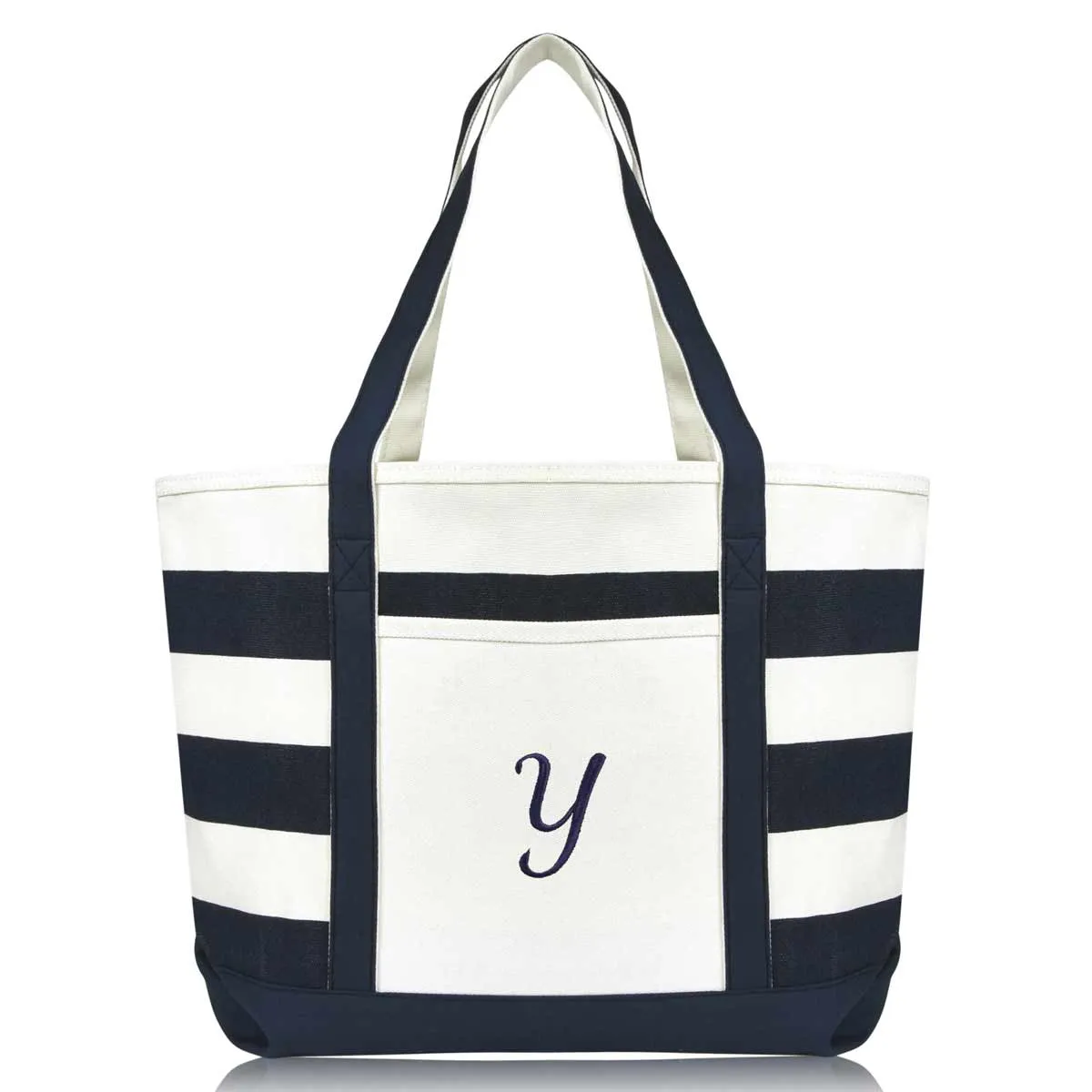 Dalix Premium Beach Bags Striped Navy Blue Zippered Tote Bag Monogrammed A-Z