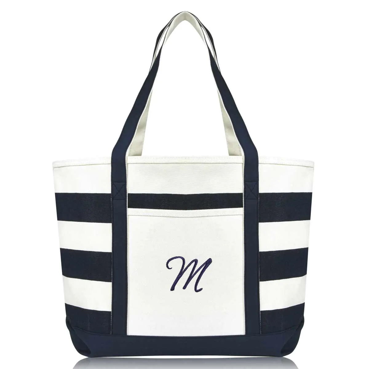 Dalix Premium Beach Bags Striped Navy Blue Zippered Tote Bag Monogrammed A-Z