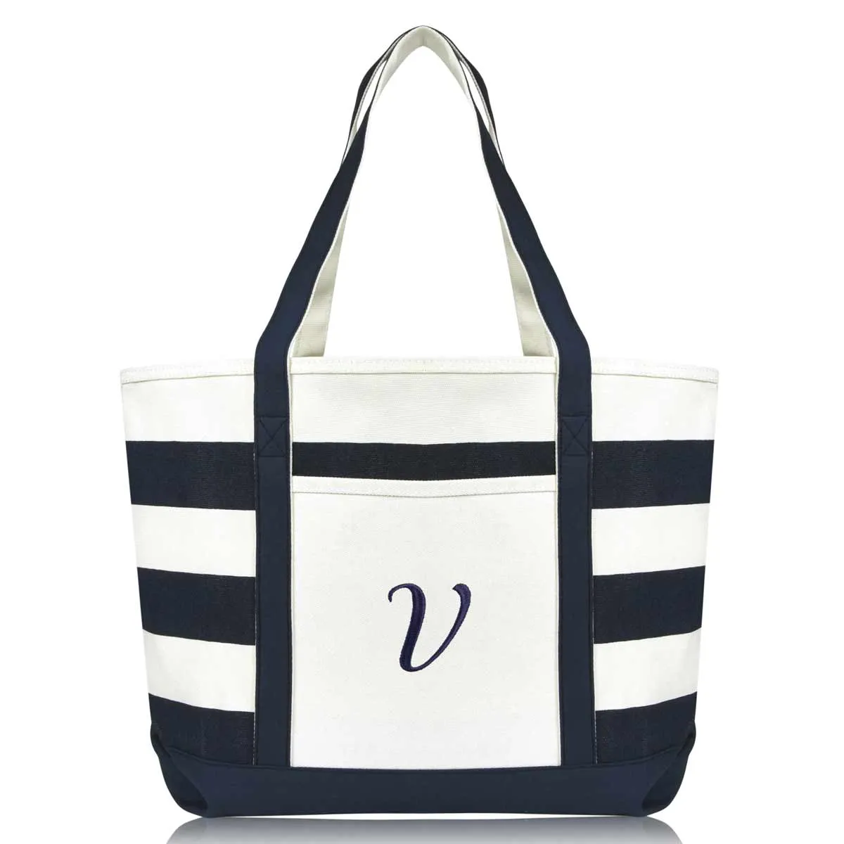 Dalix Premium Beach Bags Striped Navy Blue Zippered Tote Bag Monogrammed A-Z