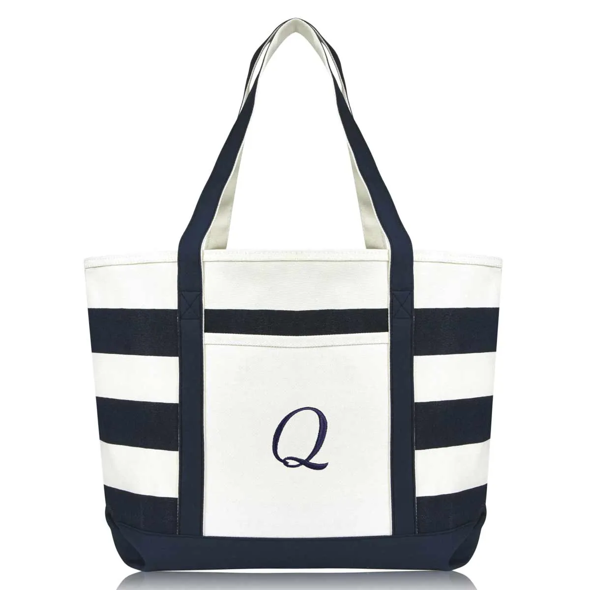 Dalix Premium Beach Bags Striped Navy Blue Zippered Tote Bag Monogrammed A-Z