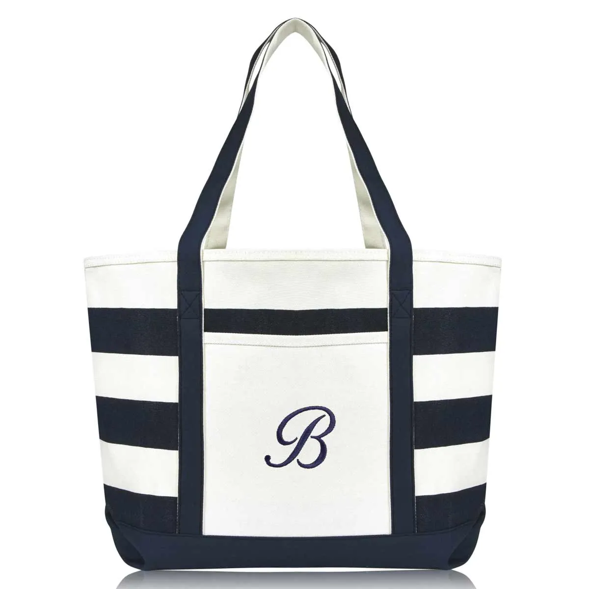 Dalix Premium Beach Bags Striped Navy Blue Zippered Tote Bag Monogrammed A-Z