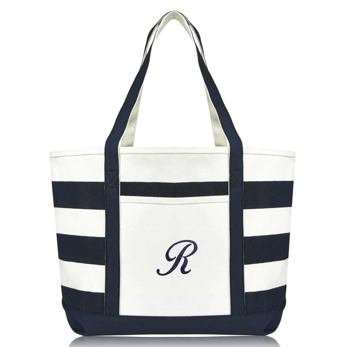 Dalix Premium Beach Bags Striped Navy Blue Zippered Tote Bag Monogrammed A-Z
