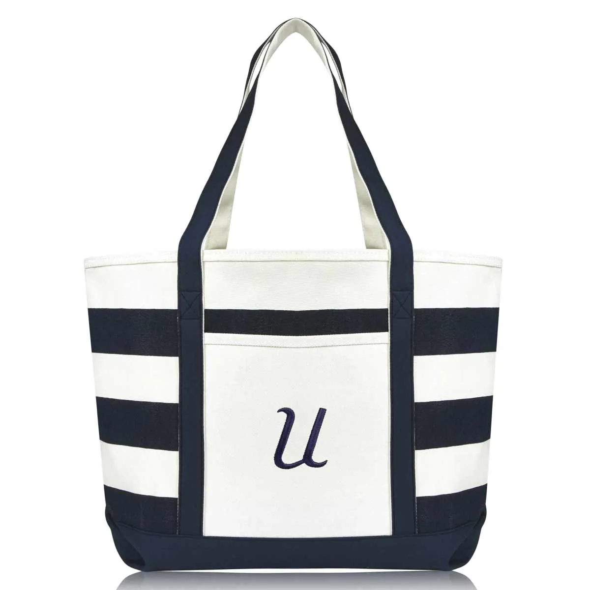 Dalix Premium Beach Bags Striped Navy Blue Zippered Tote Bag Monogrammed A-Z