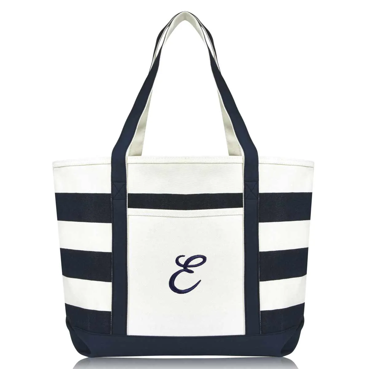 Dalix Premium Beach Bags Striped Navy Blue Zippered Tote Bag Monogrammed A-Z