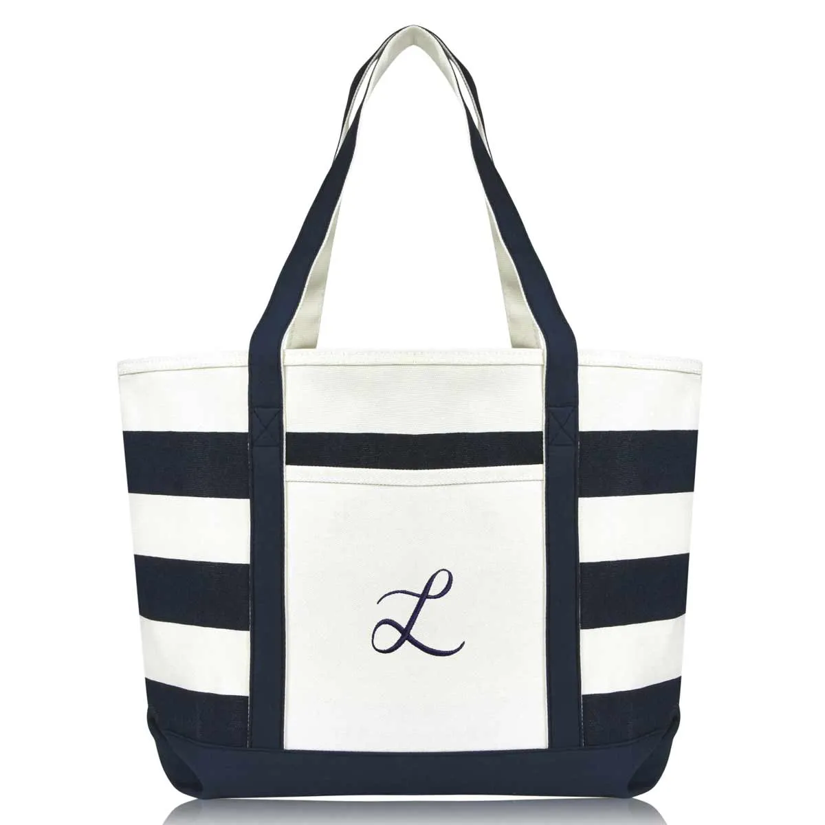 Dalix Premium Beach Bags Striped Navy Blue Zippered Tote Bag Monogrammed A-Z