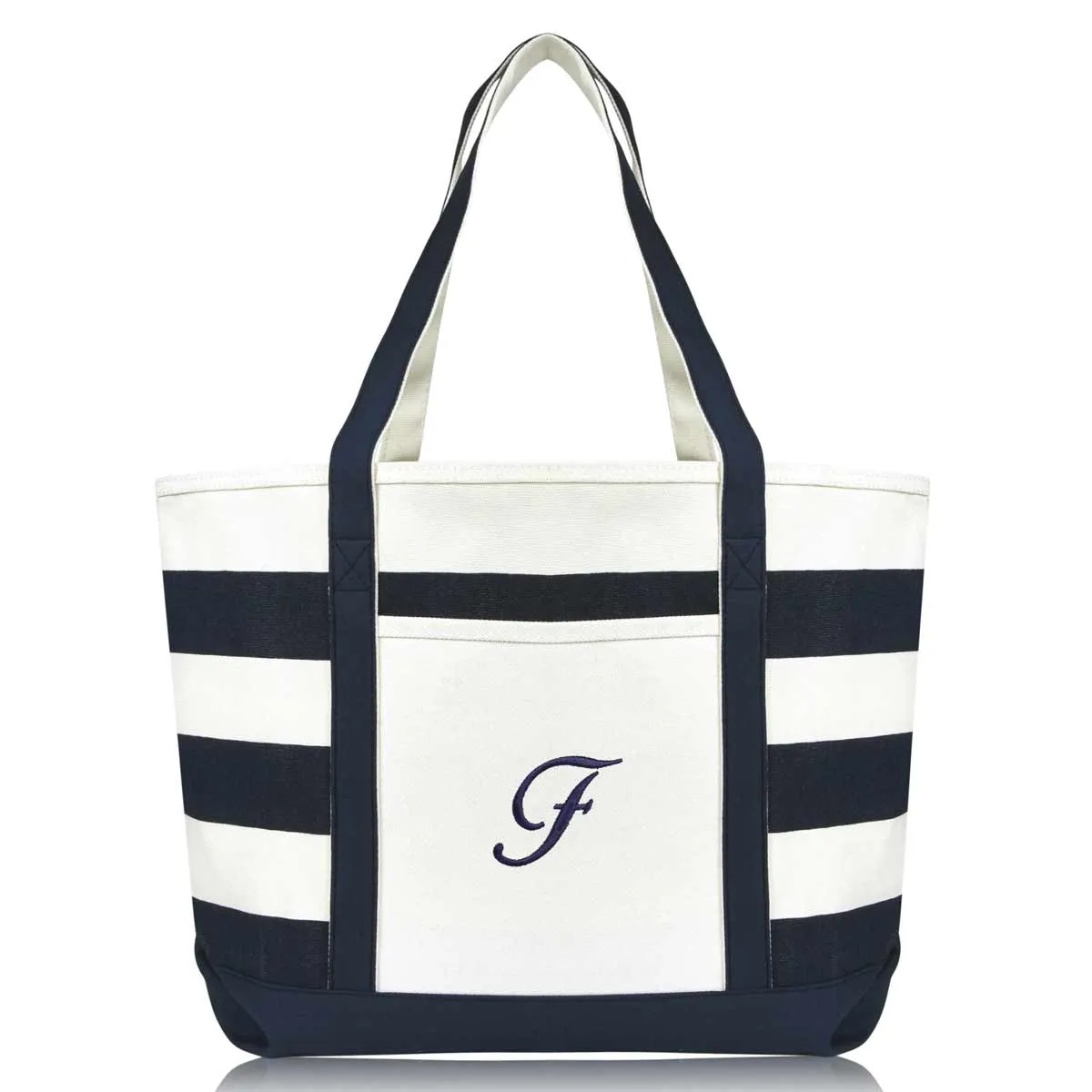Dalix Premium Beach Bags Striped Navy Blue Zippered Tote Bag Monogrammed A-Z