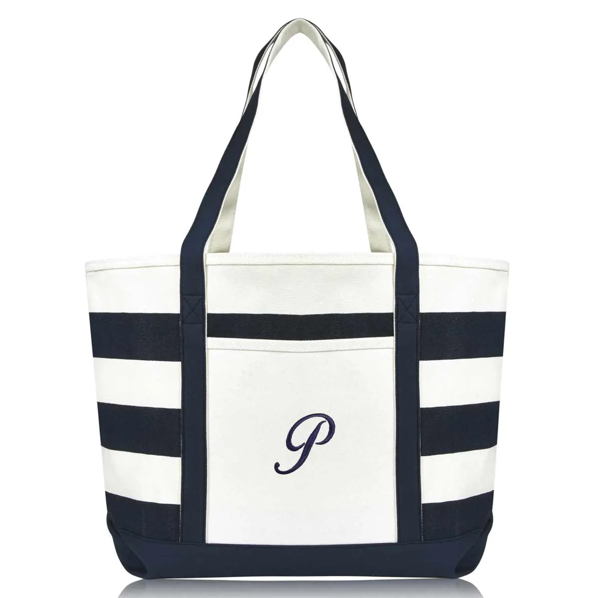 Dalix Premium Beach Bags Striped Navy Blue Zippered Tote Bag Monogrammed A-Z