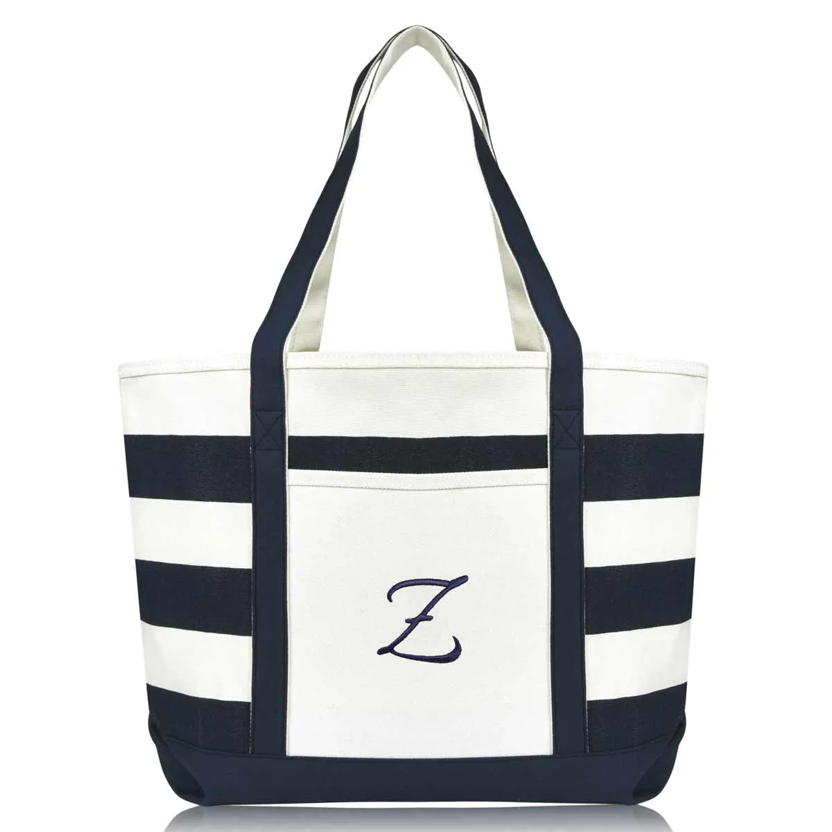 Dalix Premium Beach Bags Striped Navy Blue Zippered Tote Bag Monogrammed A-Z