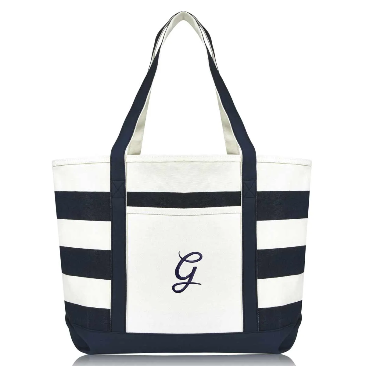 Dalix Premium Beach Bags Striped Navy Blue Zippered Tote Bag Monogrammed A-Z