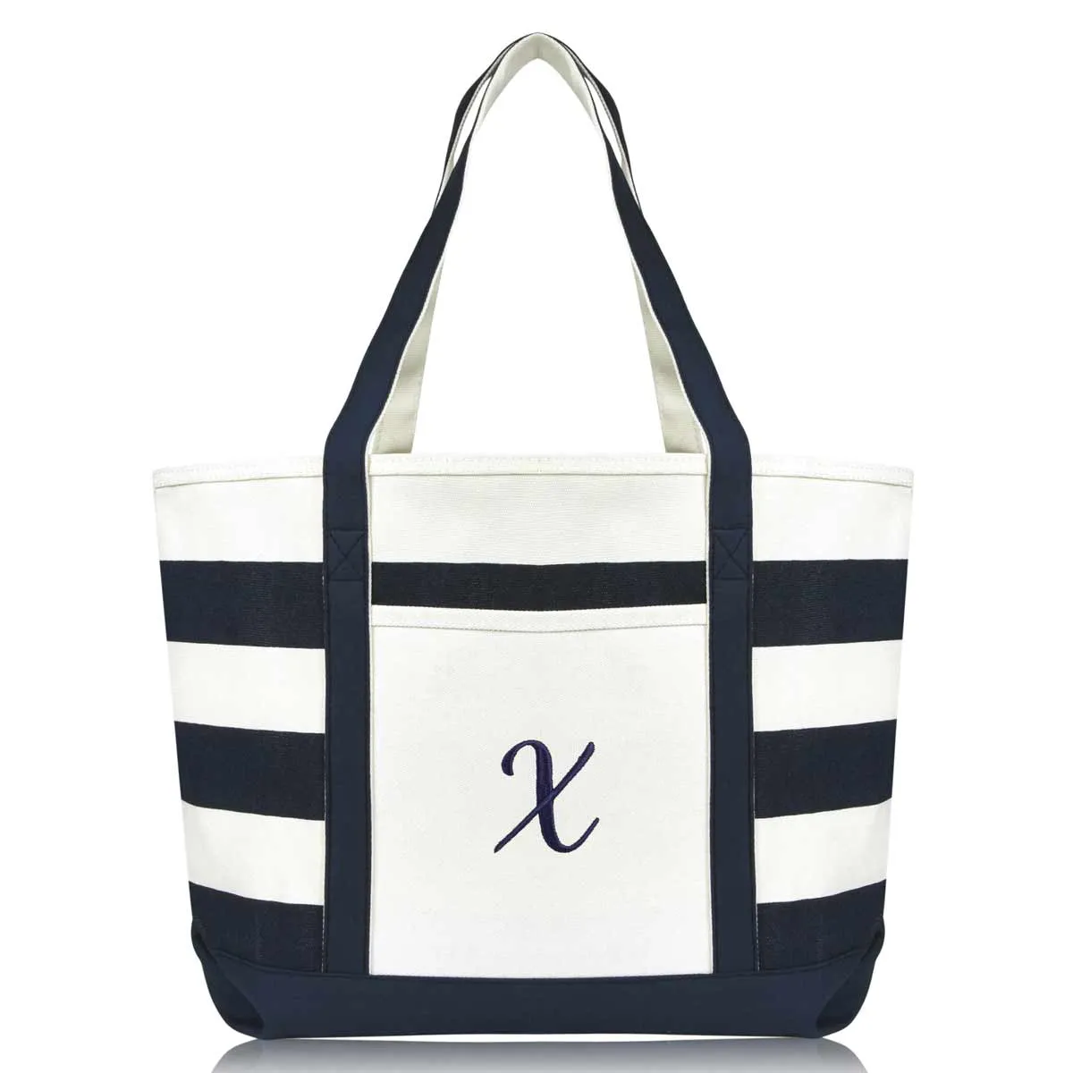 Dalix Premium Beach Bags Striped Navy Blue Zippered Tote Bag Monogrammed A-Z