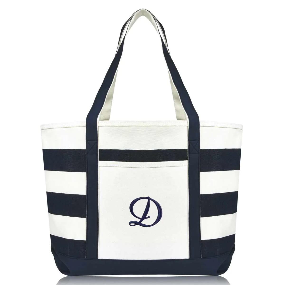 Dalix Premium Beach Bags Striped Navy Blue Zippered Tote Bag Monogrammed A-Z