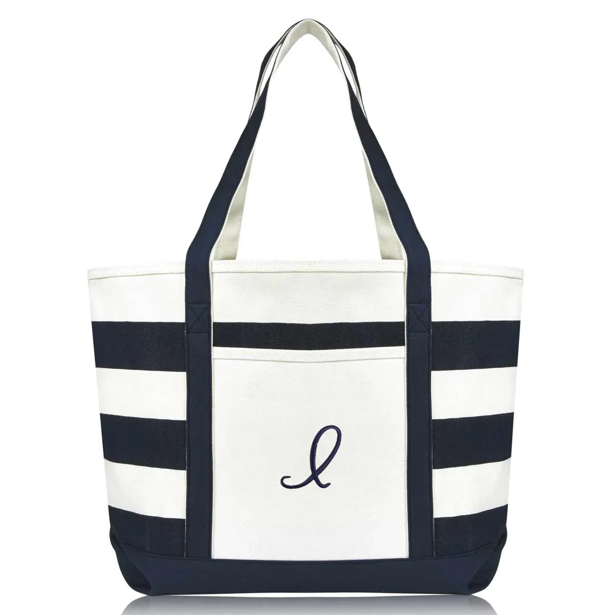 Dalix Premium Beach Bags Striped Navy Blue Zippered Tote Bag Monogrammed A-Z