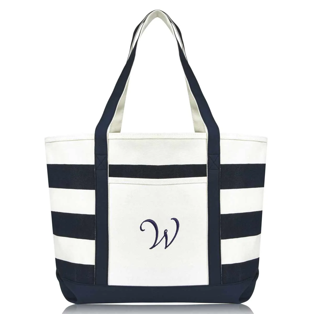 Dalix Premium Beach Bags Striped Navy Blue Zippered Tote Bag Monogrammed A-Z