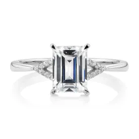 Emerald Cut and Round Brilliant shouldered engagement ring with 1.78 carats* of diamond simulants in 14 carat white gold