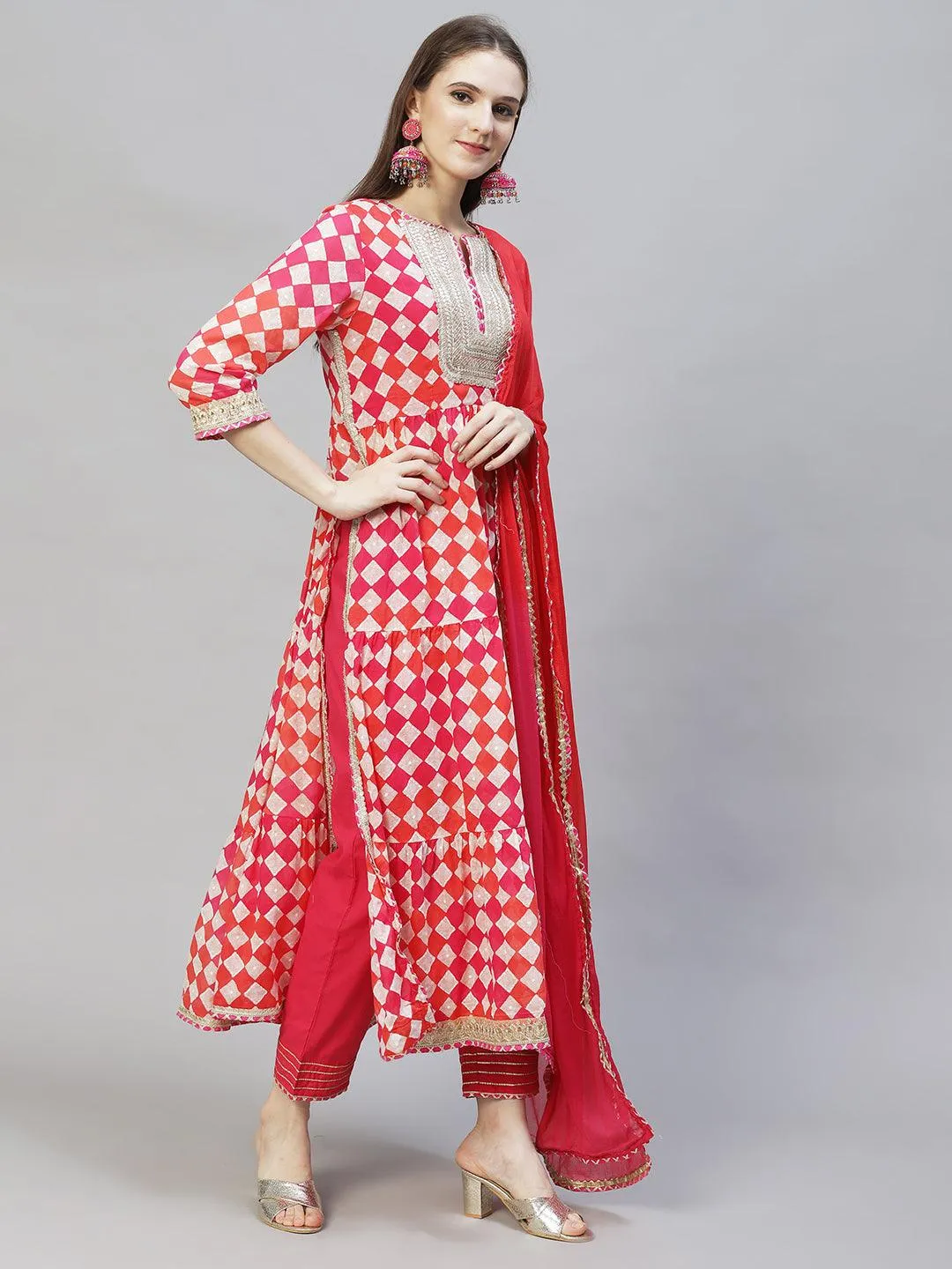 Ethnic Printed & Embroidered A-Line Kurta with Pants & Dupatta - Multi