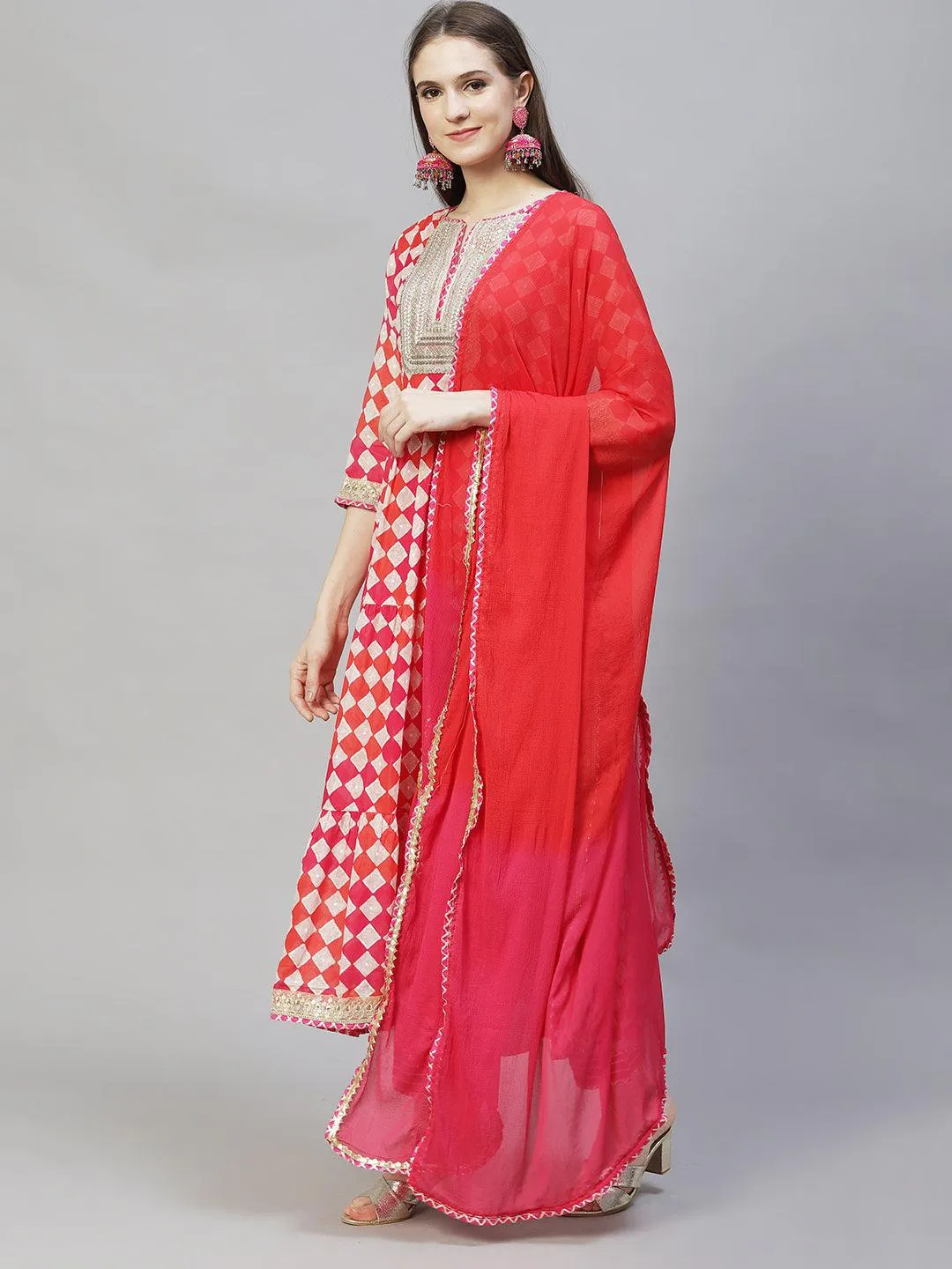 Ethnic Printed & Embroidered A-Line Kurta with Pants & Dupatta - Multi