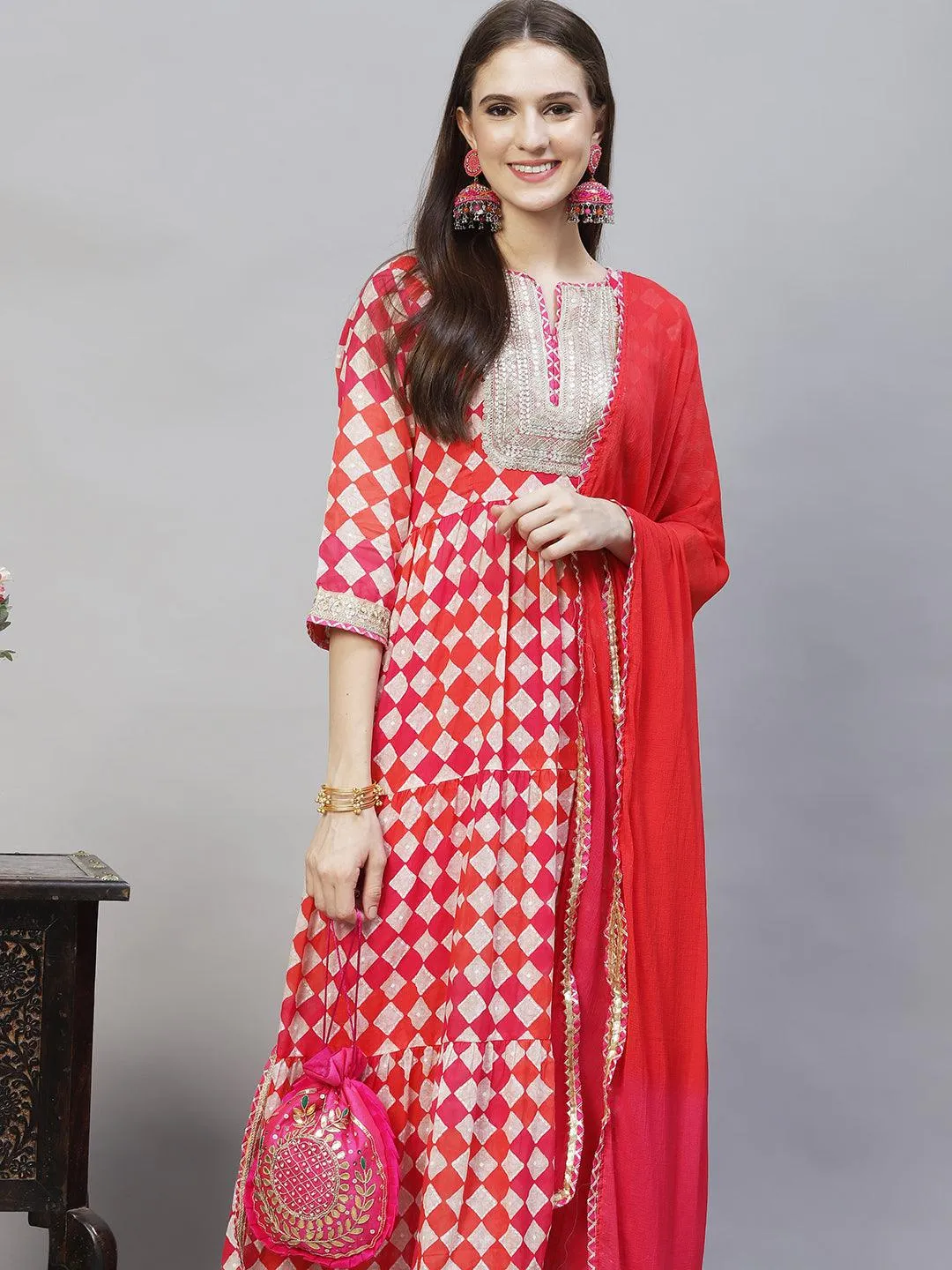 Ethnic Printed & Embroidered A-Line Kurta with Pants & Dupatta - Multi