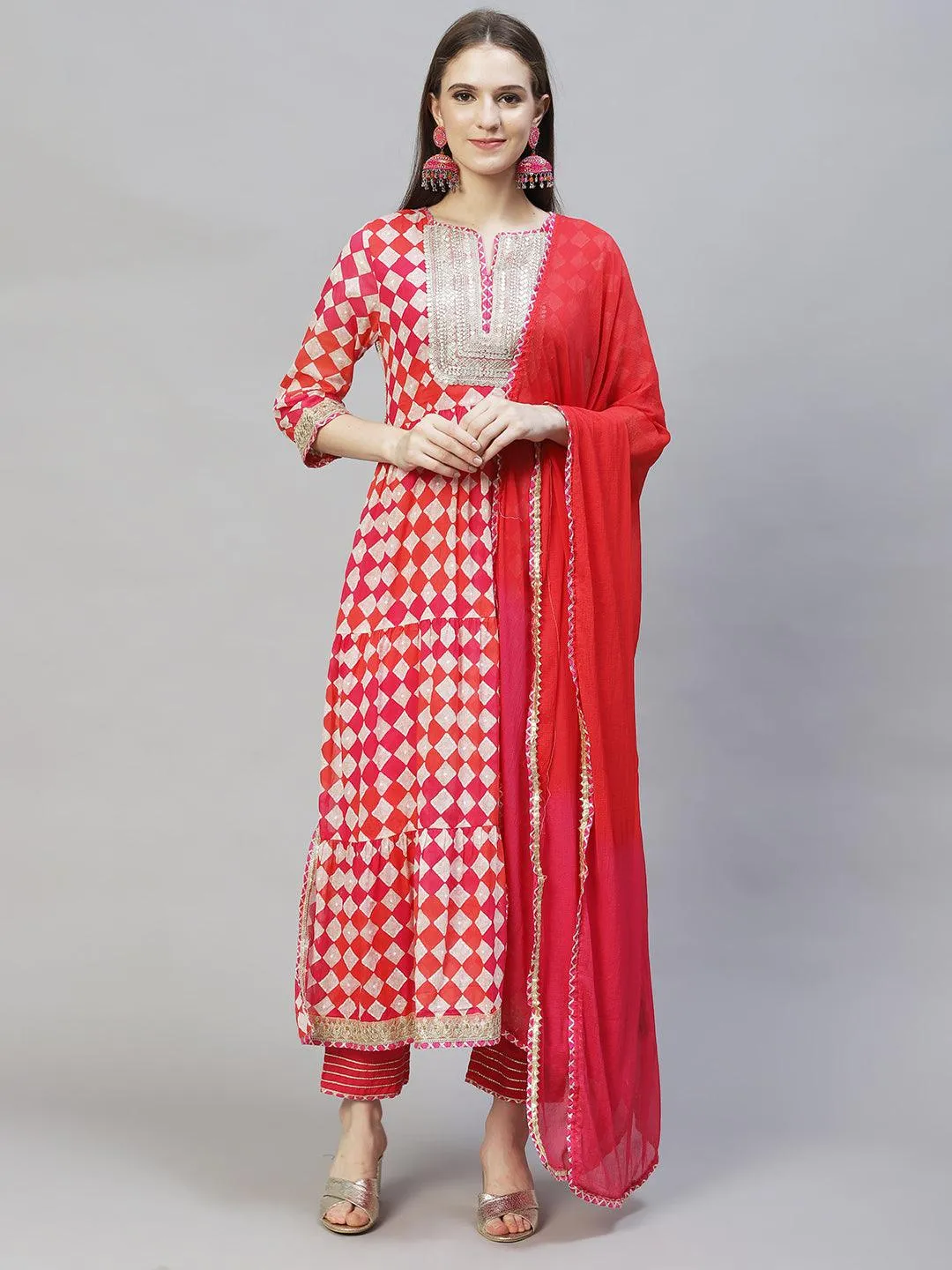 Ethnic Printed & Embroidered A-Line Kurta with Pants & Dupatta - Multi