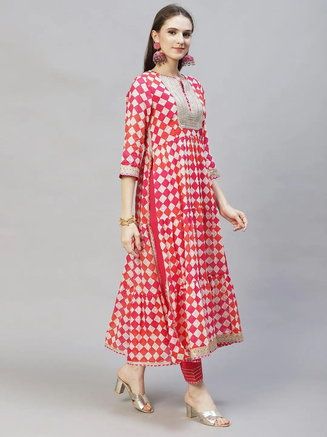 Ethnic Printed & Embroidered A-Line Kurta with Pants & Dupatta - Multi