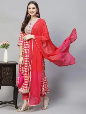 Ethnic Printed & Embroidered A-Line Kurta with Pants & Dupatta - Multi