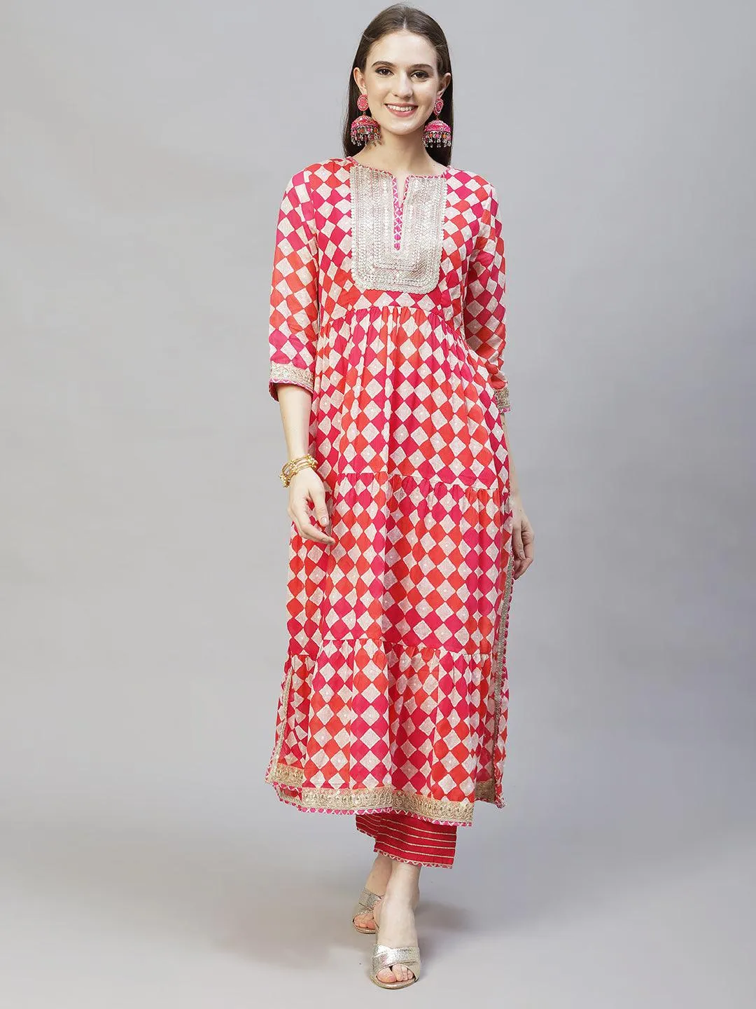 Ethnic Printed & Embroidered A-Line Kurta with Pants & Dupatta - Multi