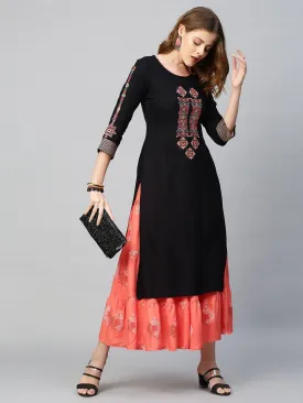 Ethnic Printed & Embroidered Straight Kurta with Skirt - Black