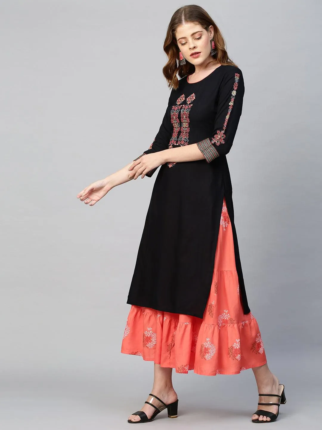 Ethnic Printed & Embroidered Straight Kurta with Skirt - Black