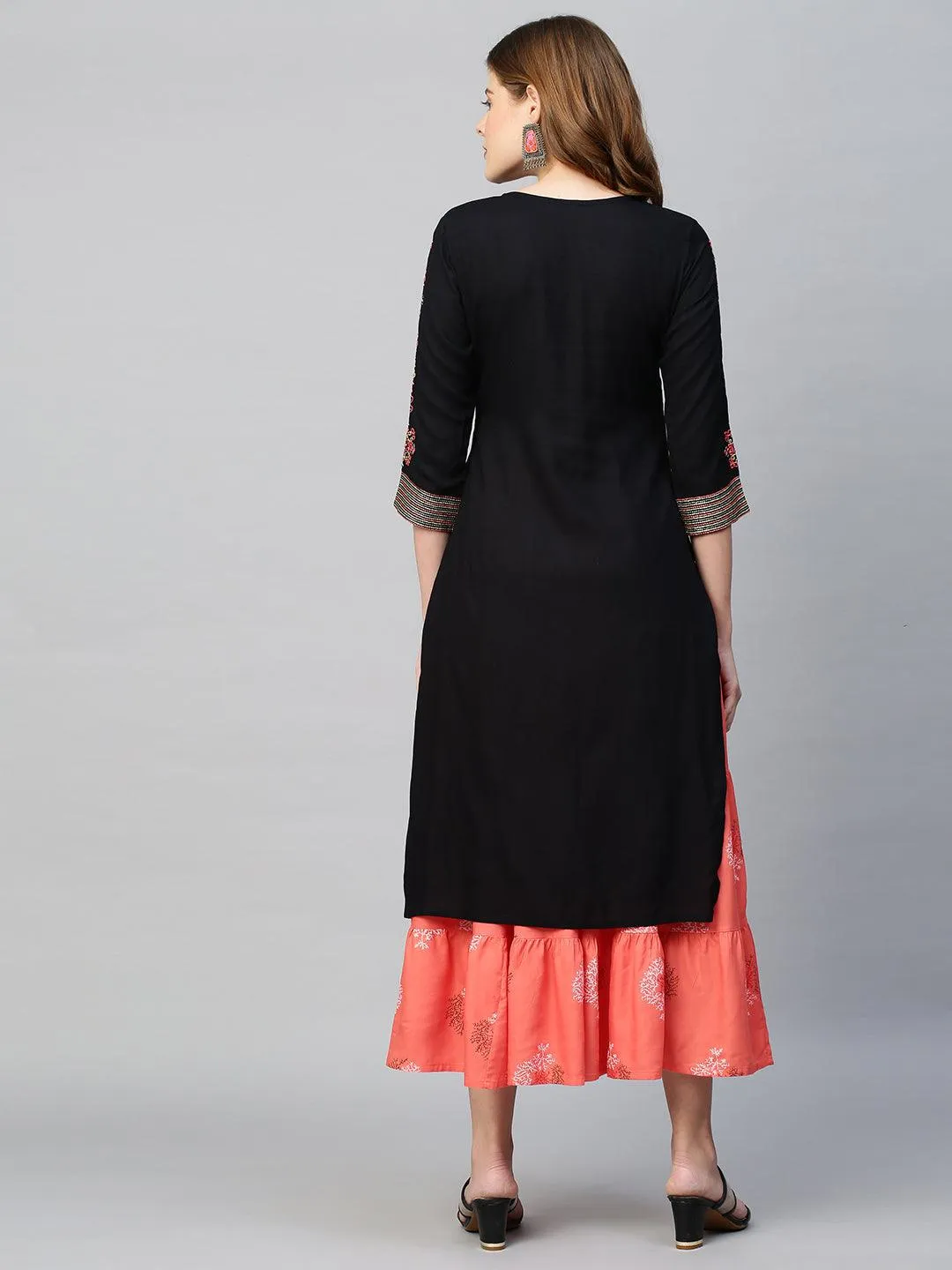 Ethnic Printed & Embroidered Straight Kurta with Skirt - Black