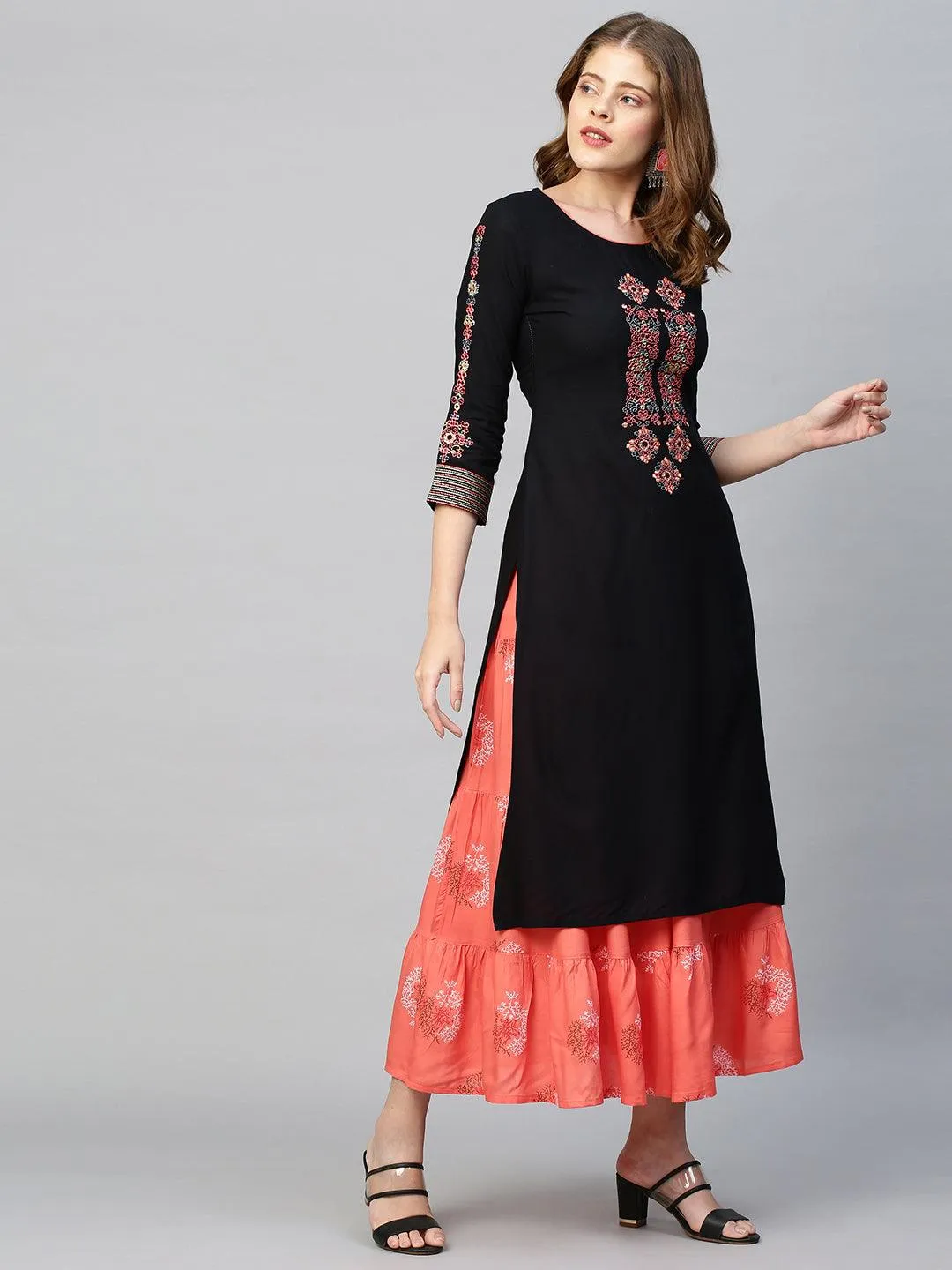 Ethnic Printed & Embroidered Straight Kurta with Skirt - Black