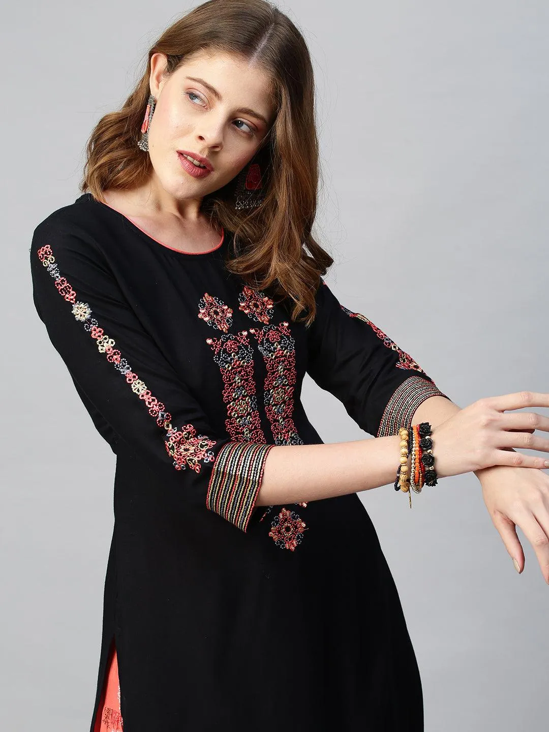 Ethnic Printed & Embroidered Straight Kurta with Skirt - Black