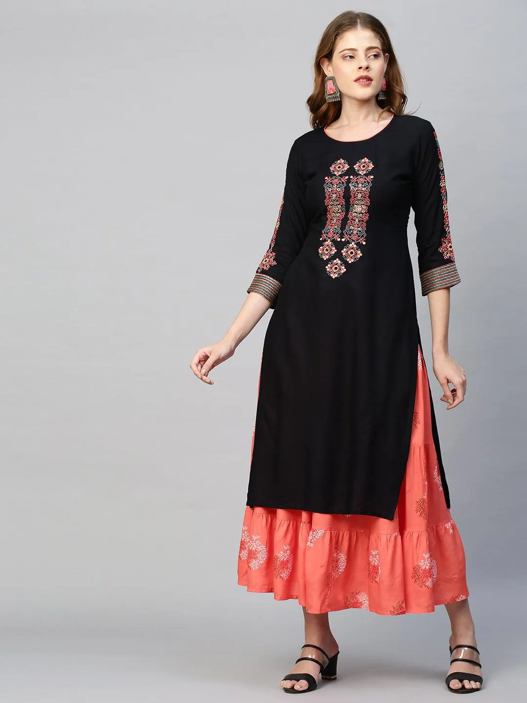 Ethnic Printed & Embroidered Straight Kurta with Skirt - Black