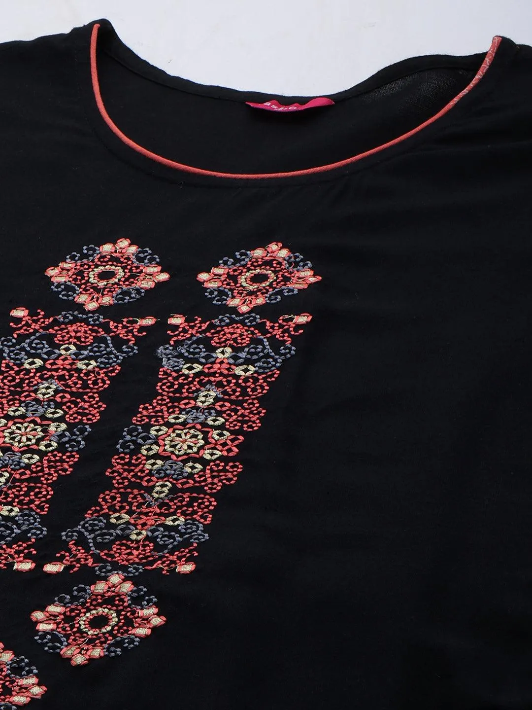 Ethnic Printed & Embroidered Straight Kurta with Skirt - Black
