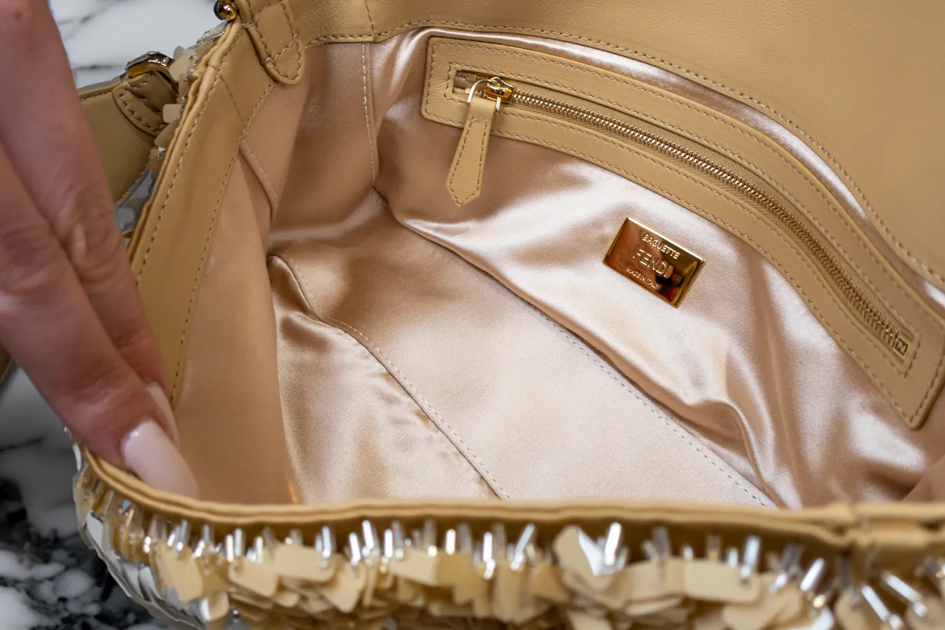 Fendi Sand Color Leather and Sequin Baguette Bag