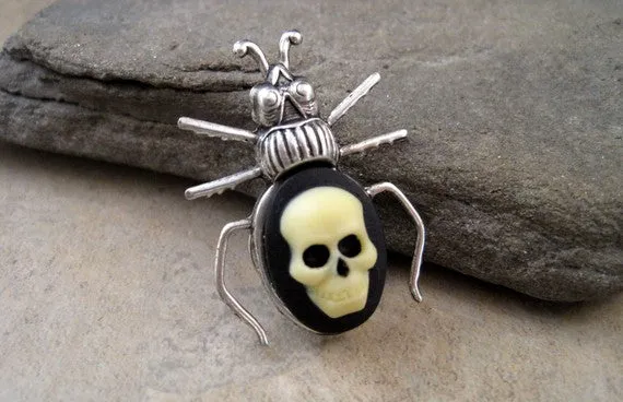 Handmade Day Of The Dead Skull Cameo Beetle Brooch Tie Tack Pin