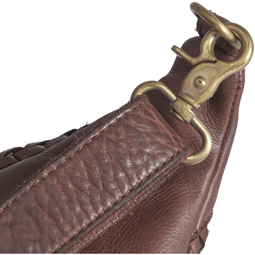 Leather bumbag decorated with weaving / 15798 - Brown