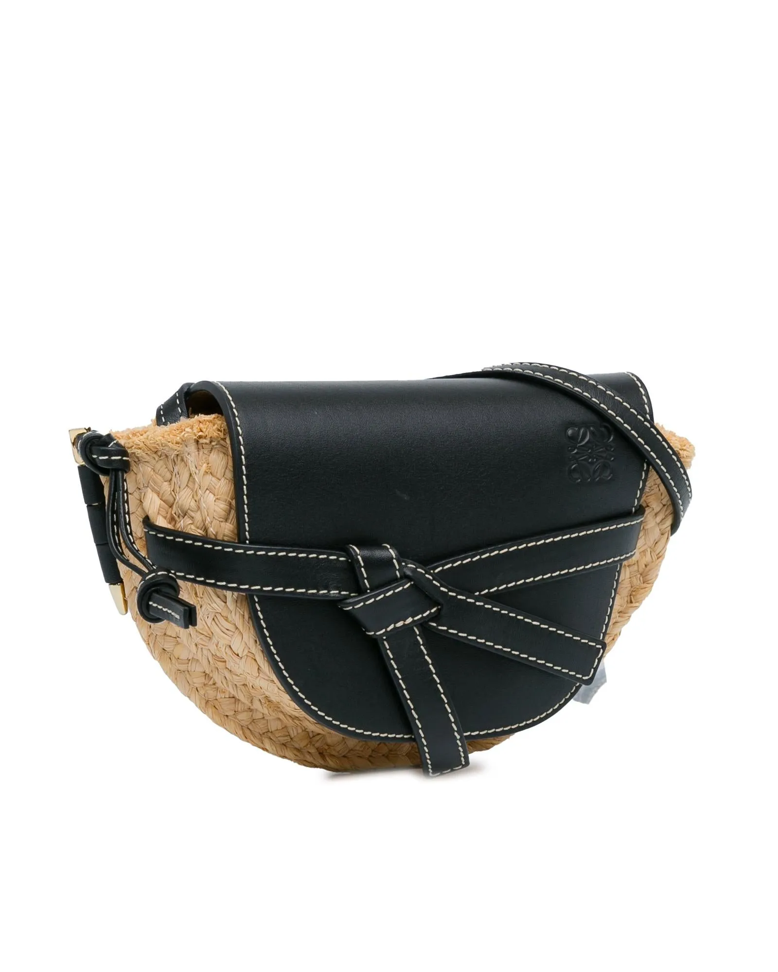 Mini Raffia Crossbody Bag with Leather Trim and Knotted Strap Closure