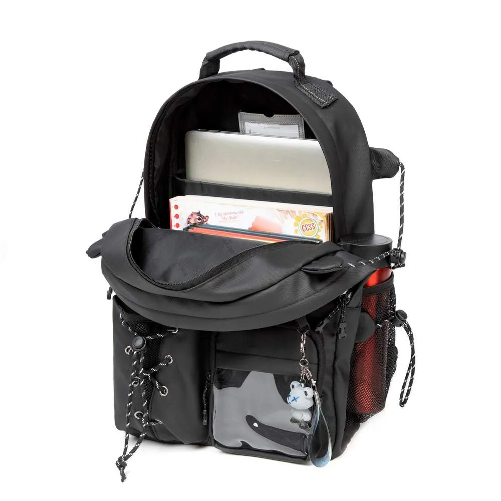 (NET) Black Backpack With Lunch Box & Pencil Bag Set Of 3 Pcs